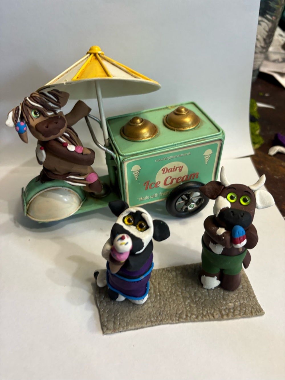 Dairy Ice Cream Cart Playset with Three cows  Figures - Brown, Green, Mint